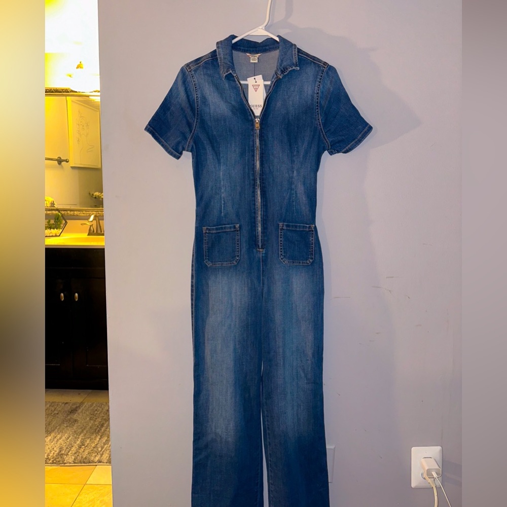 S guess short sleeve zip front denim jumpsuit